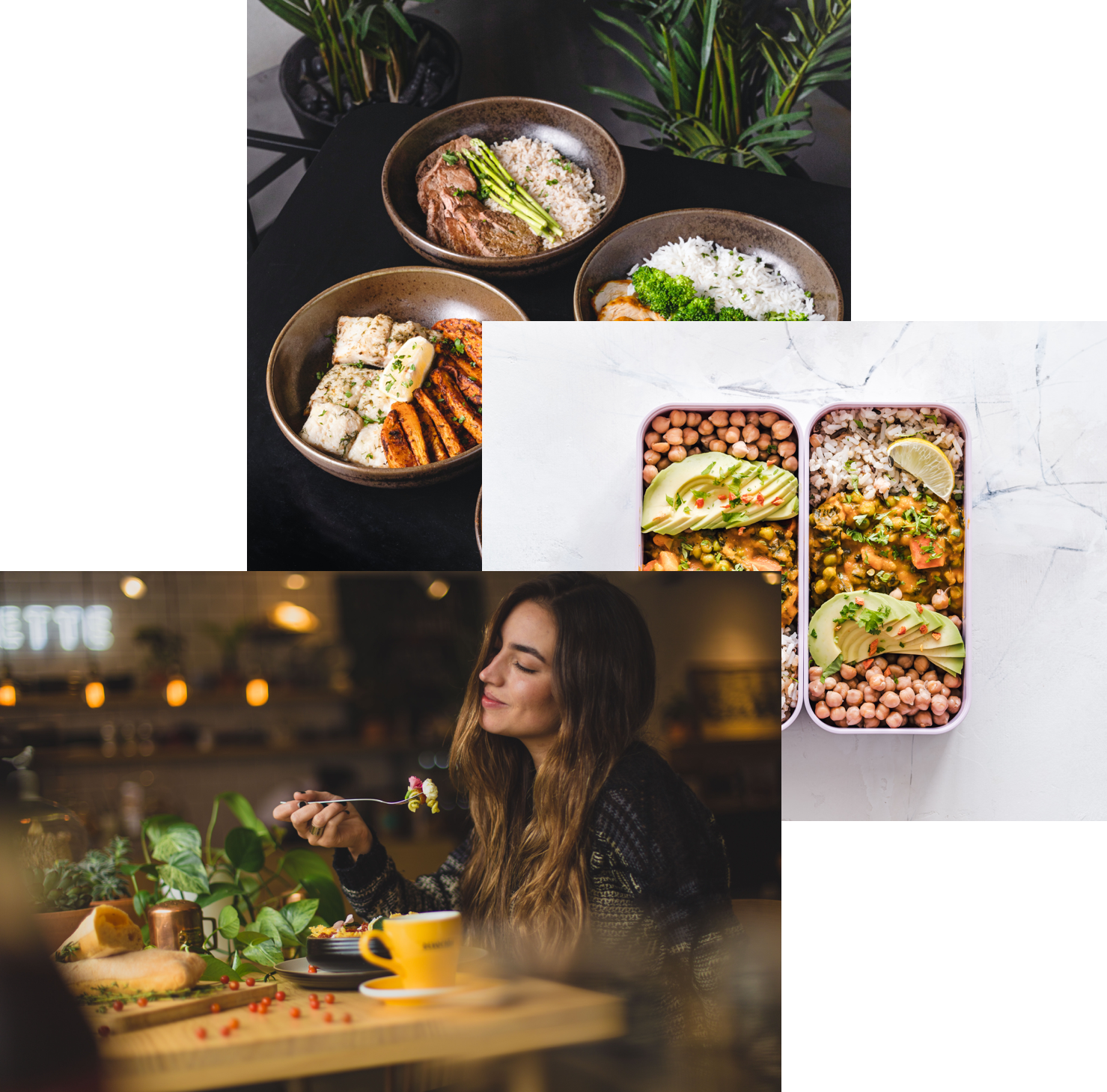 woman enjoying food
                , meals in storage container, and food bowls in a table